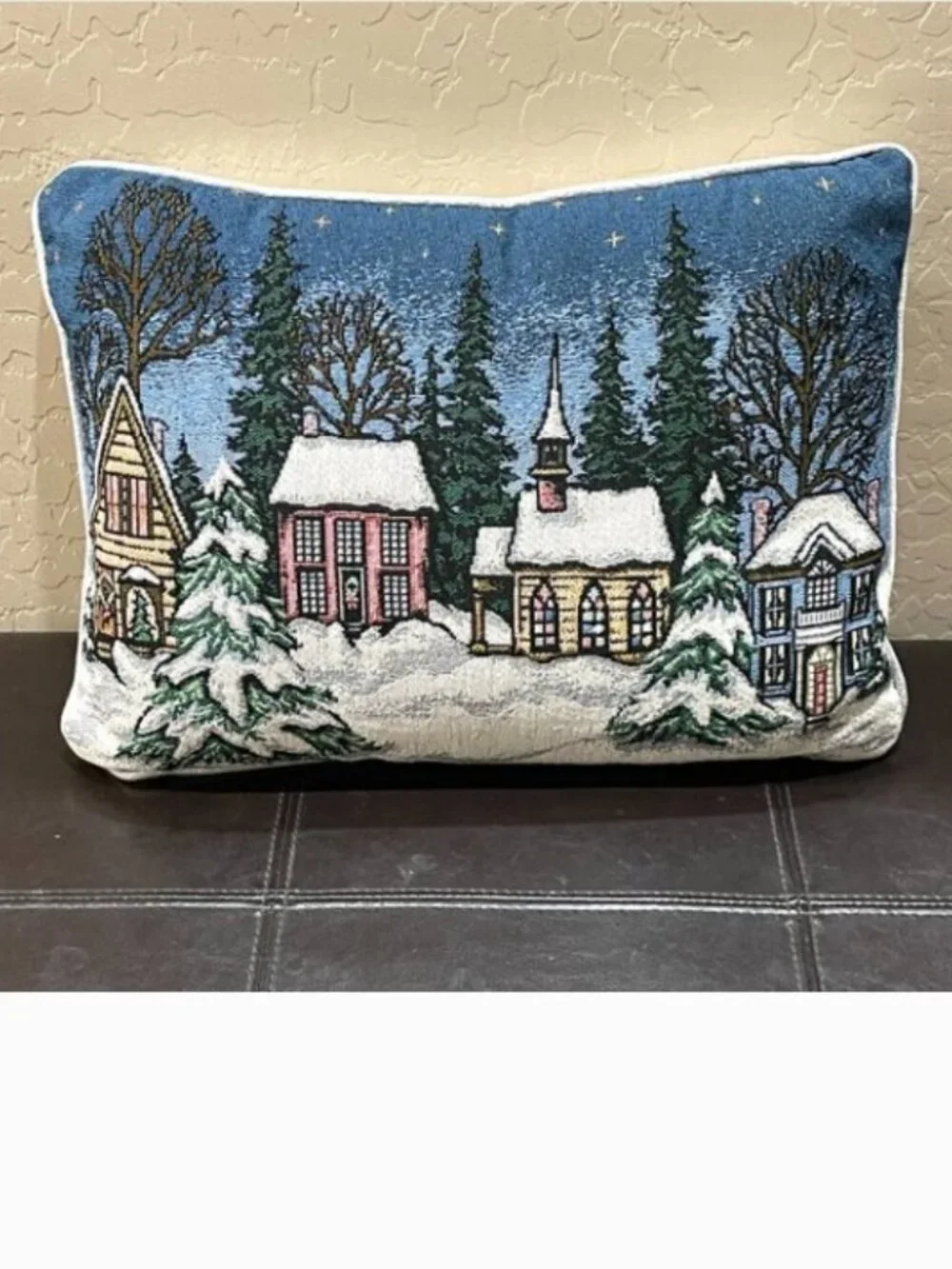 Throw Accent Pillow Winter Christmas Church Village Blue Silver Holiday